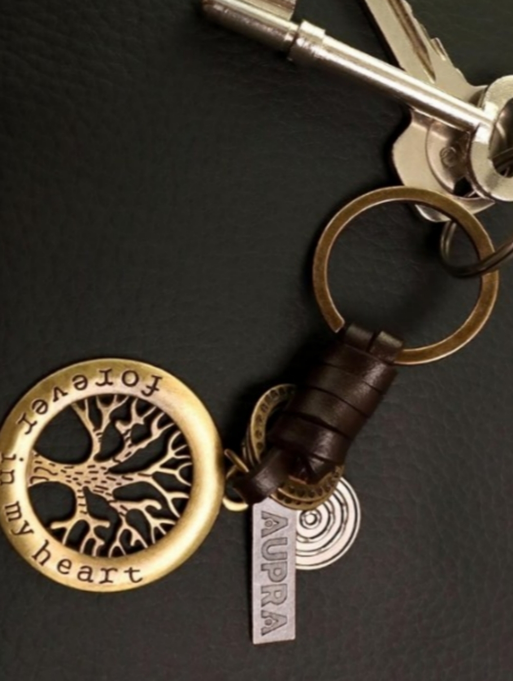 3D Tree Of Life Bronze & Leather Keychaiin - Picture 3 of 4